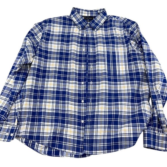 Lauren Ralph Lauren Shirt Men XLarge Blue Yellow‎ Plaid Regular Fit Soft Stretch - Picture 2 of 12